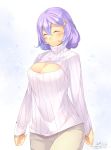  1girl absurdres blush breasts cleavage closed_eyes dated hair_ornament hairclip highres kokka_han large_breasts letty_whiterock open-chest_sweater pants purple_hair ribbed_sweater short_hair smile solo sweater touhou turtleneck 