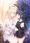  2girls alc_(ex2_lv) angel angel_and_devil angel_wings black_hair blue_eyes brown_eyes demon_girl demon_horns demon_wings detached_sleeves female halo hand_on_another&#039;s_chin horns long_hair midriff multiple_girls original parted_lips silver_hair smile wings yuri 