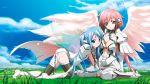  2girls ahoge angel angel_wings blue_eyes blue_hair breasts chain choker cleavage collar gloves gradient_hair green_eyes hair_ribbon head_on_chest highres ikaros large_breasts long_hair looking_at_viewer midriff multicolored_hair multiple_girls navel nymph_(sora_no_otoshimono) open_mouth pink_hair ribbon robot_ears sitting sora_no_otoshimono twintails very_long_hair wariza watanabe_yoshihiro wings 