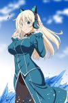  1girl atago_(kantai_collection) axent_wear blonde_hair blue_eyes breasts clouds headphones kantai_collection large_breasts marugoshi_teppei musical_note pantyhose skirt sky smile solo water 
