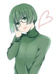  1girl adjusting_glasses glasses green green-framed_glasses green_eyes green_hair hand_on_own_cheek heart mattaku_mousuke original short_hair simple_background solo sweater turtleneck white_background 