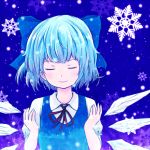  1girl batta_(ijigen_debris) blue_hair bow cirno closed_eyes hair_bow ice ice_wings short_hair snowflakes solo touhou wings 