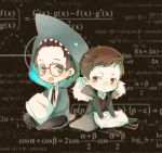  2boys blue_eyes brown_eyes brown_hair calculus chibi glasses herman_gottlieb lingcat math multiple_boys newton_geiszler pacific_rim pillow shark_costume 