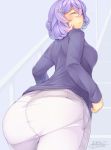  1girl absurdres alternate_costume ass blush closed_eyes from_behind hair_ornament highres kokka_han letty_whiterock long_sleeves pants purple_hair short_hair smile solo sweater touhou 