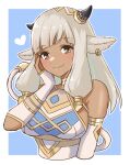  1girl animal_ears ash_(fire_emblem) bangs bare_shoulders black_horns blunt_bangs blush border breasts choker closed_mouth commentary_request cow_ears cow_girl cow_horns cow_tail cropped_torso dark-skinned_female dark_skin dress ear_piercing elbow_gloves eyebrows_visible_through_hair fingerless_gloves fire_emblem fire_emblem_heroes gloves gold_trim grey_hair grey_shirt hair_ornament hand_on_own_face heart highres horns jewelry large_breasts long_hair looking_at_viewer outside_border piercing shirt sideboob sleeveless sleeveless_dress smile snow20200 solo tail upper_body white_border white_dress white_gloves 