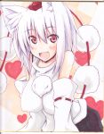  1girl animal_ears bare_shoulders blush breasts detached_sleeves fang hat heart inubashiri_momiji large_breasts looking_at_viewer nijou_makoto open_mouth pom_pom_(clothes) red_eyes ribbon-trimmed_sleeves ribbon_trim short_hair silver_hair solo tokin_hat touhou wolf_ears 
