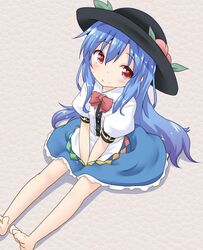  1girl barefoot blue_hair blush dress food fruit hat hinanawi_tenshi long_hair looking_at_viewer natsu_no_koucha peach red_eyes sitting smile touhou v_arms 