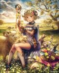  1girl anbe_yoshirou animal apple basket blue_eyes boots breasts brown_hair cape cleavage clouds dress flower food fruit gloves grapes grass hair_flower hair_ornament horns kneehighs landscape leaf looking_at_viewer official_art open_mouth original rabbit scenery sheep sheep_horns shinma_x_keishou!_ragnabreak short_hair sitting smile solo staff striped striped_dress thighs tree white_legwear wine_bottle 