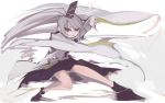 &gt;:) 1girl blue_skirt fighting_stance grey_eyes grey_hair grin hat japanese_clothes kariginu long_sleeves looking_at_viewer mononobe_no_futo silver_hair simple_background skirt smile solo tate_eboshi toritoma_(sweetandsour) touhou white_background wide_sleeves 