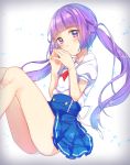  1girl absurdres aikatsu! blush highres hikami_sumire long_hair looking_at_viewer nerunnn panties puffy_sleeves purple_hair ribbon school_uniform simple_background skirt solo twintails underwear violet_eyes 