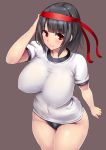  1girl black_hair breasts brown_background buruma covered_navel headband huge_breasts impossible_clothes impossible_shirt ishimura_(ishimura-ya) kantai_collection leaning_forward looking_at_viewer red_eyes short_hair simple_background smile solo takao_(kantai_collection) thighs wide_hips 