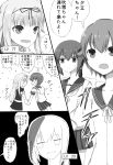  &gt;_&lt; 3girls :d backpack bag comic fubuki_(kantai_collection) hair_flaps hair_ribbon highres kantai_collection long_hair monochrome multiple_girls mutsuki_(kantai_collection) myuton o_o open_mouth pleated_skirt ribbon school_uniform serafuku short_hair short_ponytail skirt smile sweatdrop translation_request umbrella yuudachi_(kantai_collection) 