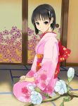 1girl black_hair flower green_eyes highres japanese_clothes kimono kirigaya_suguha seiza short_hair sitting sword_art_online tatami yewang19 