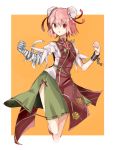  1girl :o absurdres bandaged_arm bei_mochi blouse breasts cuffs double_bun fighting_stance flower green_bottomwear green_skirt highres ibaraki_kasen looking_at_viewer one_leg_raised pink_hair pose red_eyes rose shackles short_hair short_sleeves skirt solo tabard touhou 
