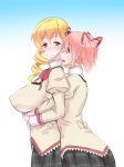  2girls blonde_hair blush breasts drill_hair evuoaniramu hair_ornament hairpin hug hug_from_behind huge_breasts kaname_madoka mahou_shoujo_madoka_magica multiple_girls pink_hair school_uniform short_hair short_twintails tomoe_mami twin_drills twintails yellow_eyes yuri 