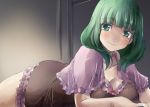  1girl babydoll breasts cleavage commentary_request green_eyes green_hair kagiyama_hina large_breasts lying nightgown on_stomach touhou yohane 