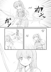  2girls airplane akagi_(kantai_collection) comic explosion flight_deck hakama_skirt japanese_clothes kaga_(kantai_collection) kantai_collection long_hair monochrome multiple_girls muneate pleated_skirt shimazaki_kazumi side_ponytail skirt tasuki thigh-highs translated 