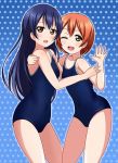  2girls :d ;d blue_hair competition_school_swimsuit hoshizora_rin hug long_hair looking_at_viewer love_live!_school_idol_project multiple_girls one_eye_closed open_mouth orange_hair school_swimsuit short_hair smile sonoda_umi swimsuit waving wewe yellow_eyes 