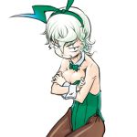  1girl annoyed breasts bunny_tail bunnysuit cleavage clenched_teeth crossed_arms detached_collar green_eyes green_hair kagehito large_breasts pantyhose short_hair soga_no_tojiko solo tail touhou wrist_cuffs 