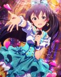  1girl :d antenna_hair black_hair blue_eyes earrings ganaha_hibiki heart idolmaster idolmaster_million_live! jewelry long_hair looking_at_viewer microphone necklace official_art open_mouth ponytail skirt smile solo sparkle wireless wristband 