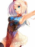  1girl aqua_eyes arm_up armpits bangs bare_shoulders black_legwear black_panties blonde_hair breasts china_dress chinese_clothes cloud_print dragon dragon_print dress eastern_dragon from_side hand_behind_head highres large_breasts lips long_hair original panties parted_bangs see-through short_dress side-tie_panties solo soratobuiltusa thigh-highs underwear white_background 