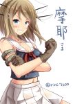  1girl bare_shoulders blonde_hair blue_eyes brown_gloves feesu_(rinc7600) flexing gloves grin hair_ornament highres kantai_collection looking_at_viewer maya_(kantai_collection) navel neckerchief pose skirt smile solo translated 