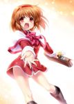  1girl alternate_costume bag blush boots brown_hair hairband holding jpeg_artifacts kanon kneehighs long_sleeves open_mouth outstretched_arms red_eyes rubber_boots school_briefcase school_uniform short_hair solo tsukimiya_ayu zen 