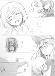  2girls :d ^_^ aikura_(twilight_dusk) closed_eyes comic fairy_(kantai_collection) happy japanese_clothes kantai_collection kariginu monochrome multiple_girls open_mouth petting ryuujou_(kantai_collection) short_hair silent_comic smile translated twintails visor_cap 