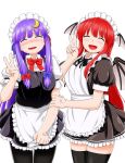  2girls alternate_costume anger_vein apron apron_tug arm_grab black_dress black_legwear blush closed_eyes crescent_hair_ornament demon_girl demon_wings dress enmaided hair_ornament hair_ribbon head_wings koakuma long_hair maid maid_apron maid_headdress multiple_girls open_mouth pantyhose patchouli_knowledge poronegi puffy_short_sleeves puffy_sleeves purple_hair redhead ribbon shirt short_sleeves smile sweat thigh-highs touhou trembling tress_ribbon v very_long_hair waist_apron wings zettai_ryouiki 