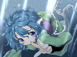  1girl blue_eyes blue_hair frilled_kimono frills head_fins japanese_clothes kimono mermaid monster_girl natsu_no_koucha obi sash short_hair touhou underwater wakasagihime 
