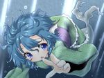  1girl blue_eyes blue_hair frilled_kimono frills head_fins japanese_clothes kimono mermaid monster_girl natsu_no_koucha obi sash short_hair touhou underwater wakasagihime 