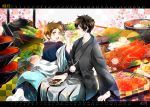  2boys black_hair brown_eyes brown_hair calendar chopsticks food fukube_satoshi green_eyes hyouka ibuki_hasu japanese_clothes kimono multiple_boys oreki_houtarou short_hair sitting 