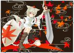  1girl animal_ears autumn_leaves belt_boots boots brown_boots detached_sleeves egasumi hat highres inubashiri_momiji leaf looking_at_viewer pom_pom_(clothes) red_eyes ribbon-trimmed_sleeves ribbon_trim shield short_hair silver_hair skirt solo sword tail tokin_hat touhou weapon weapon_bag wolf_ears wolf_tail 
