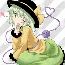  1girl ;d frilled_skirt frilled_sleeves frills green_eyes green_hair hat heart komeiji_koishi natsu_no_koucha one_eye_closed open_mouth shirt short_hair sitting skirt smile third_eye touhou 