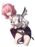  1girl ahoge alternate_hair_length alternate_hairstyle bat_wings blush breasts chemise cleavage demon_tail fang geppewi koakuma long_sleeves looking_at_viewer open_mouth pink_hair red_eyes short_hair simple_background skirt skirt_lift smile tail touhou white_background wings 