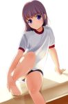  1girl arm_support barefoot gym_shorts gym_uniform hands_on_feet highres long_hair matsunaga_kouyou original purple_hair sitting solo violet_eyes white_background 