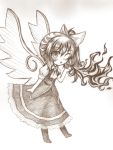  1girl bow daiyousei deformed fairy_wings fire_breathing hair_bow highres monochrome one_eye_closed side_ponytail solo touhou wings yuran_(kuen-hien) 