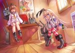  2girls anchor anchor_hair_ornament ankle_boots black_panties blonde_hair boots brown_eyes brown_hair elbow_gloves gloves grey_boots hair_ornament hairband hands_on_own_cheeks hands_on_own_face kantai_collection long_hair looking_at_viewer multiple_girls naka_(kantai_collection) open_mouth panties rensouhou-chan revision sailor_dress shennai_misha shimakaze_(kantai_collection) short_hair skirt striped striped_legwear thigh-highs underwear white_gloves yukikaze_(kantai_collection) 