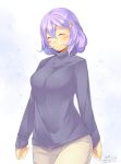  1girl absurdres alternate_costume blush breasts closed_eyes contemporary hair_ornament highres kokka_han large_breasts letty_whiterock long_sleeves pants polearm purple_hair short_hair simple_background smile solo sweater touhou trident weapon 