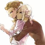  2boys blonde_hair bloom brown_hair gouenji_shuuya hairlocs hug hug_from_behind inazuma_eleven_(series) inazuma_eleven_go kai_ri kidou_yuuto long_hair looking_back lowres male_focus multiple_boys no_goggles ponytail red_eyes sweat white_background 