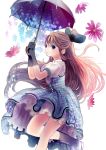  1girl black_gloves bow brown_hair flower gloves hair_bow hair_ribbon holding long_hair looking_at_viewer looking_to_the_side opopowa original parasol ribbon solo standing_on_one_leg umbrella violet_eyes 