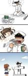  1boy 2_fuel_4_ammo_11_steel 2girls admiral_(kantai_collection) antenna_hair blue_skirt bouquet brown_hair comic crying double_bun eating flower folded_ponytail grave hat highres inazuma_(kantai_collection) incense kantai_collection knife multiple_girls naka_(kantai_collection) school_uniform serafuku silent_comic skirt smile tears thumbs_up tombstone tongue tongue_out translated y.ssanoha 