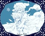  2girls blue blush border bow cirno closed_eyes dress english hair_bow hair_ribbon harrymiao hat height_difference highres hug hug_from_behind ice ice_wings letty_whiterock long_hair multiple_girls necktie open_mouth ribbon scarf short_hair simple_background smile snowflakes touhou wings 
