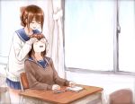 2girls :d book bow brown_eyes brown_hair chair closed_eyes covering_eyes desk hair_bow multiple_girls open_mouth original pen school school_uniform sitting skirt smile standing sweater syou_(endemic_species) window 