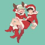  2boys aldnoah.zero animal_costume antlers blush brown_eyes brown_hair carrying chino_kawashiku christmas crossdressinging hat kaizuka_inaho male_focus multiple_boys open_mouth princess_carry reindeer_costume santa_costume santa_hat short_hair slaine_troyard white_hair 