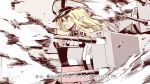  1girl bismarck_(kantai_collection) blonde_hair blue_eyes bust cannon hat kantai_collection long_hair machinery oota_yuuichi open_mouth outstretched_arm solo translated 