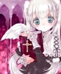  1girl angel angel_wings book grey_eyes hato_rami holding holding_book long_hair looking_at_viewer original parted_lips rosary silver_hair solo twintails wings 
