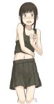  1girl blush brown_hair dated embarrassed fubuki_(kantai_collection) green_eyes kantai_collection kawashina_(momen_silicon) looking_at_viewer midriff miniskirt navel open_mouth pleated_skirt short_hair sidelocks signature simple_background skirt solo tank_top white_background 