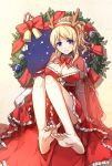  1girl adapted_costume antlers ayase_eli bare_legs barefoot blonde_hair blue_eyes breasts capelet christmas cleavage elbow_gloves feet gloves hairband highres light_smile looking_at_viewer love_live!_school_idol_project off_shoulder parted_lips ponytail reindeer_antlers revision santa_costume short_ponytail sindre sitting soles thighs toes white_gloves 