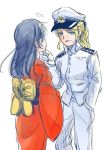  2girls ayase_eli blonde_hair blue_eyes dress hat japanese_clothes kimono long_hair love_live!_school_idol_project military military_uniform multiple_girls naval_uniform obi purple_hair ribbon sash short_hair smile sonoda_umi uniform yukata yuri 